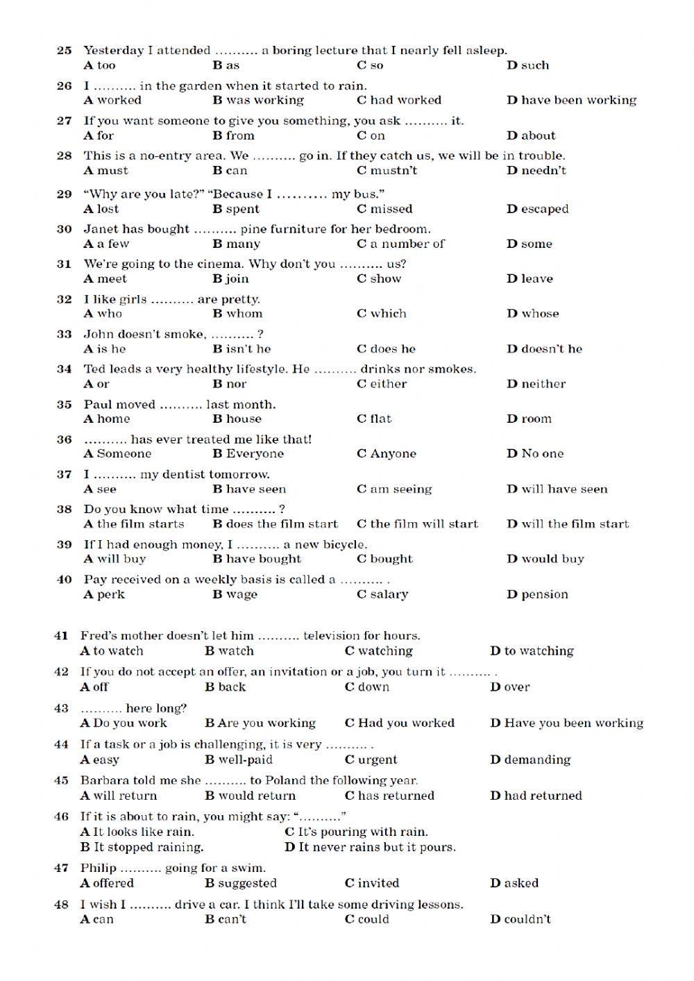 TEST grammar and  vocabulary