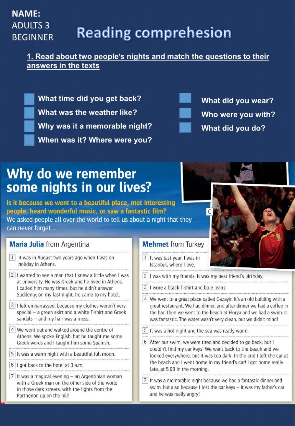 Reading comprehension 7c worksheet | Live Worksheets