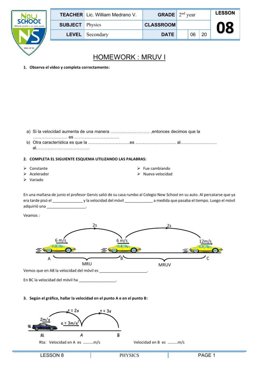 Homework- MRUV I 2°