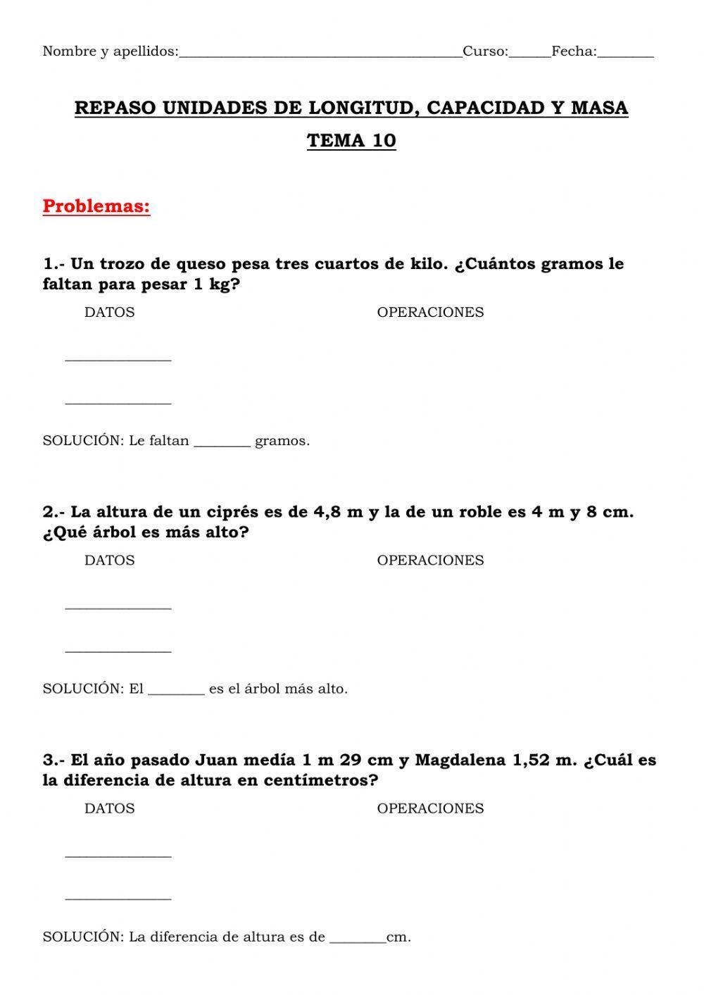 Longitus, capacidad y masa