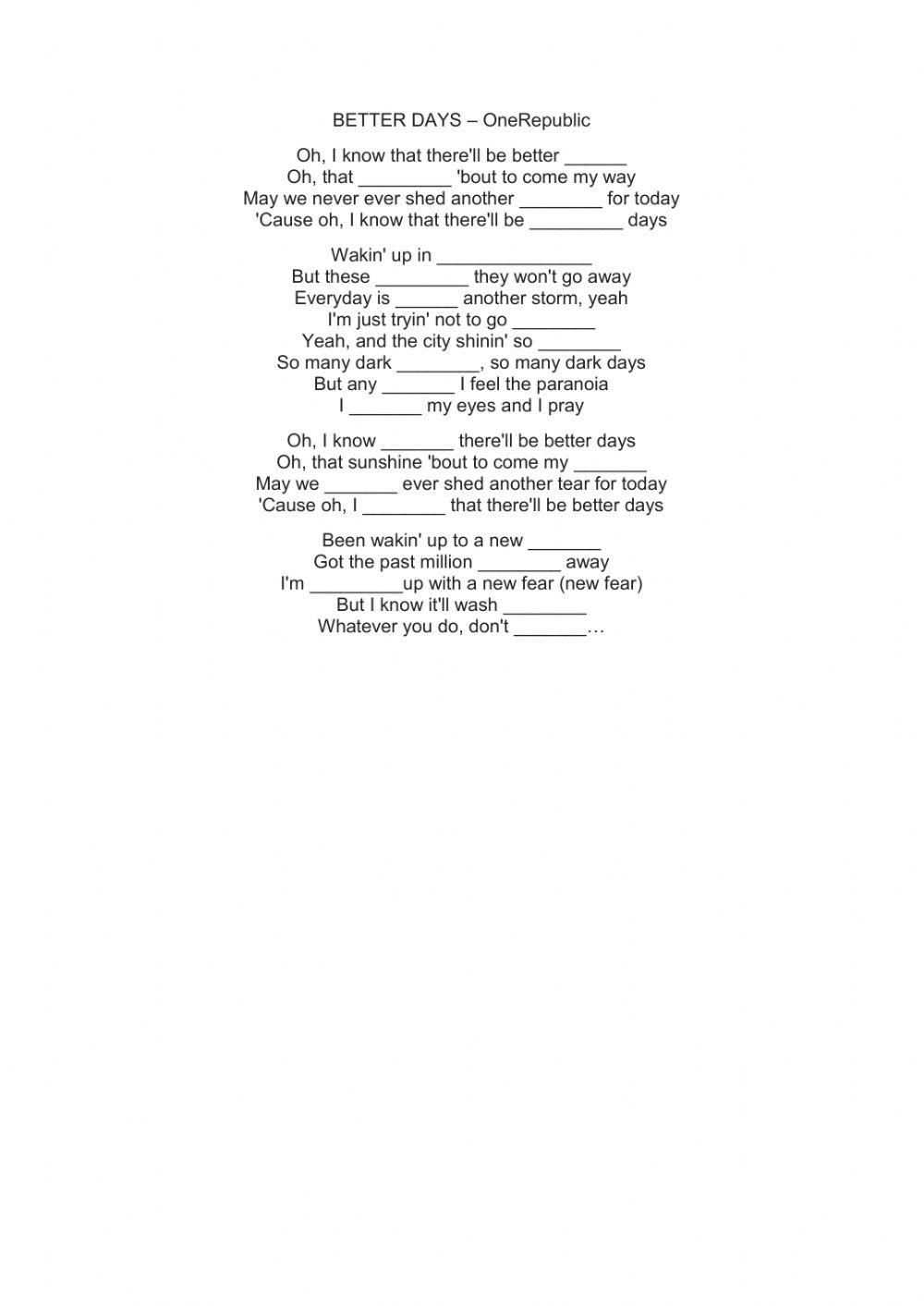 Listening Activity - Better Days by OneRepublic