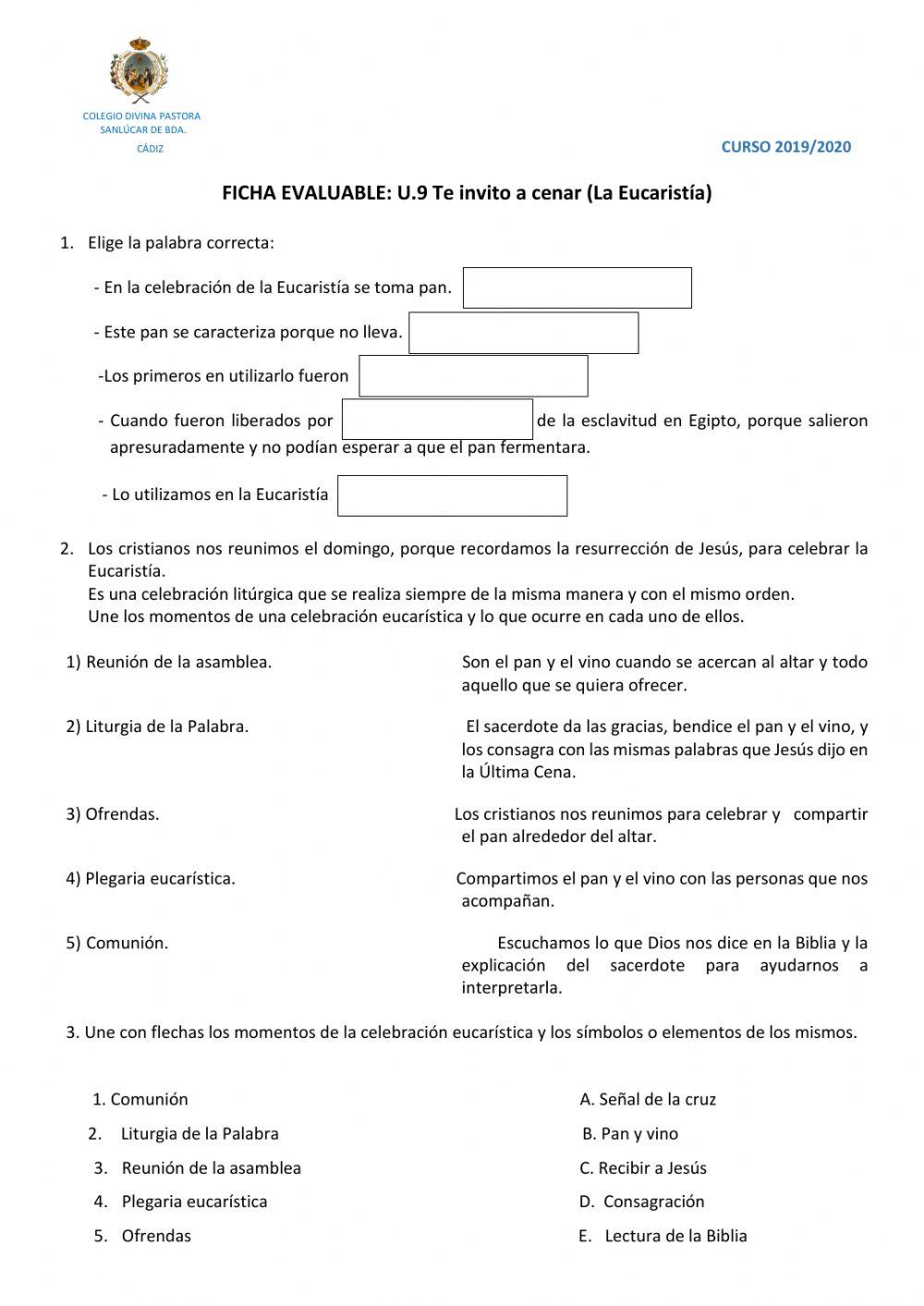 FICHA EVALUABLE: U.9 Te invito a cenar (La Eucaristía)