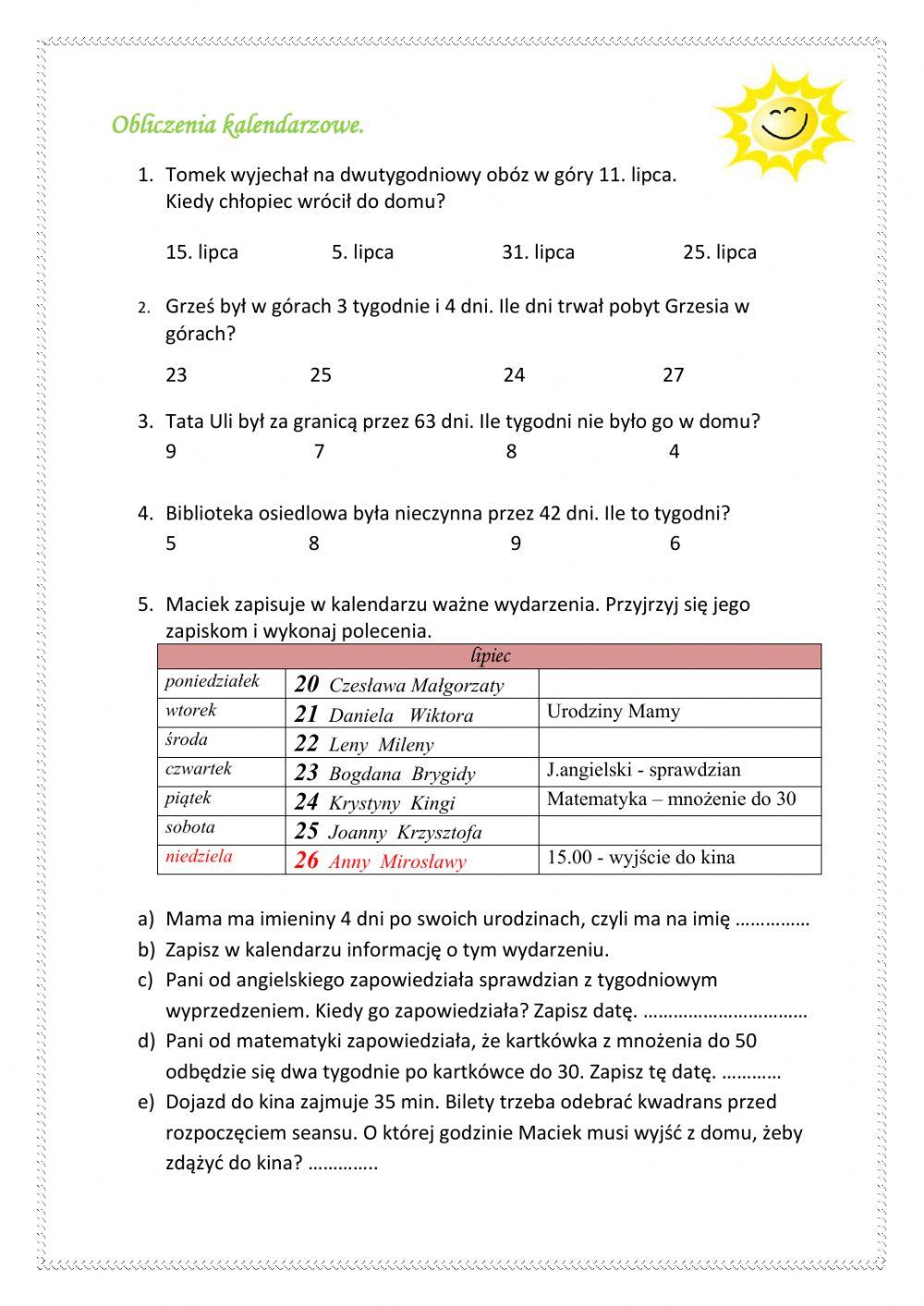 Obliczenie kalendarzowe