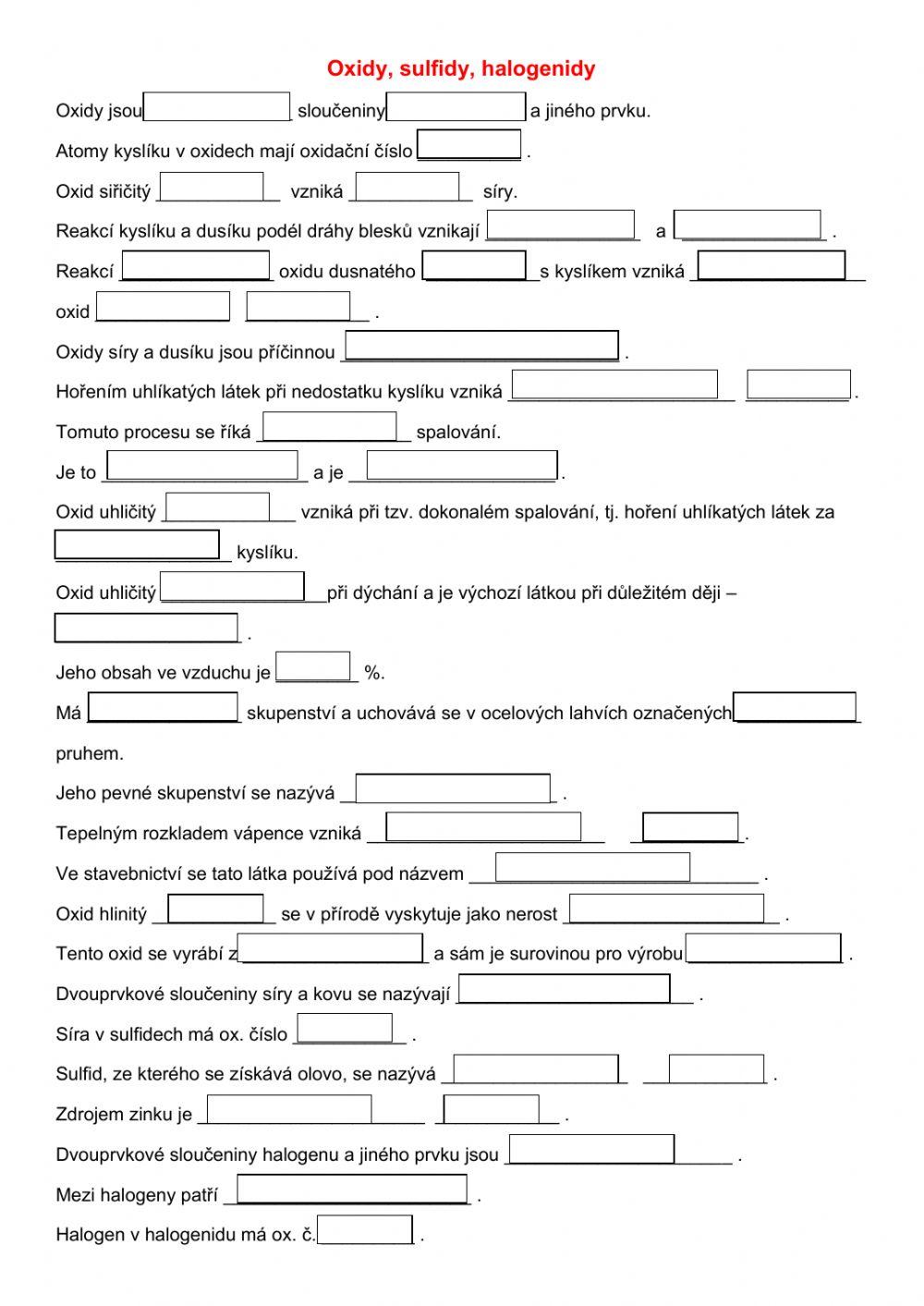 Oxidy, sulfidy, halogenidy worksheet | Live Worksheets