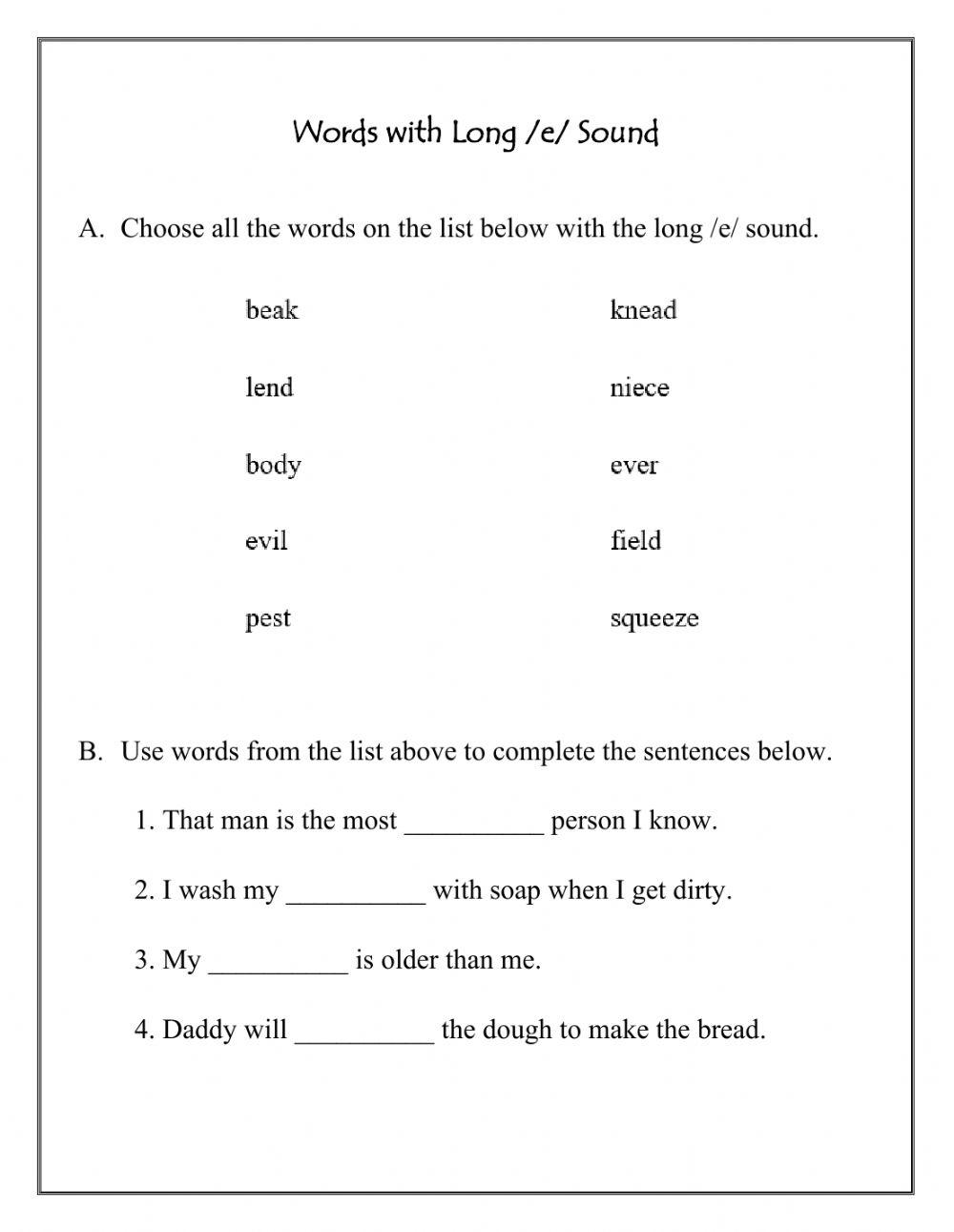 Words with Long -e- Sound