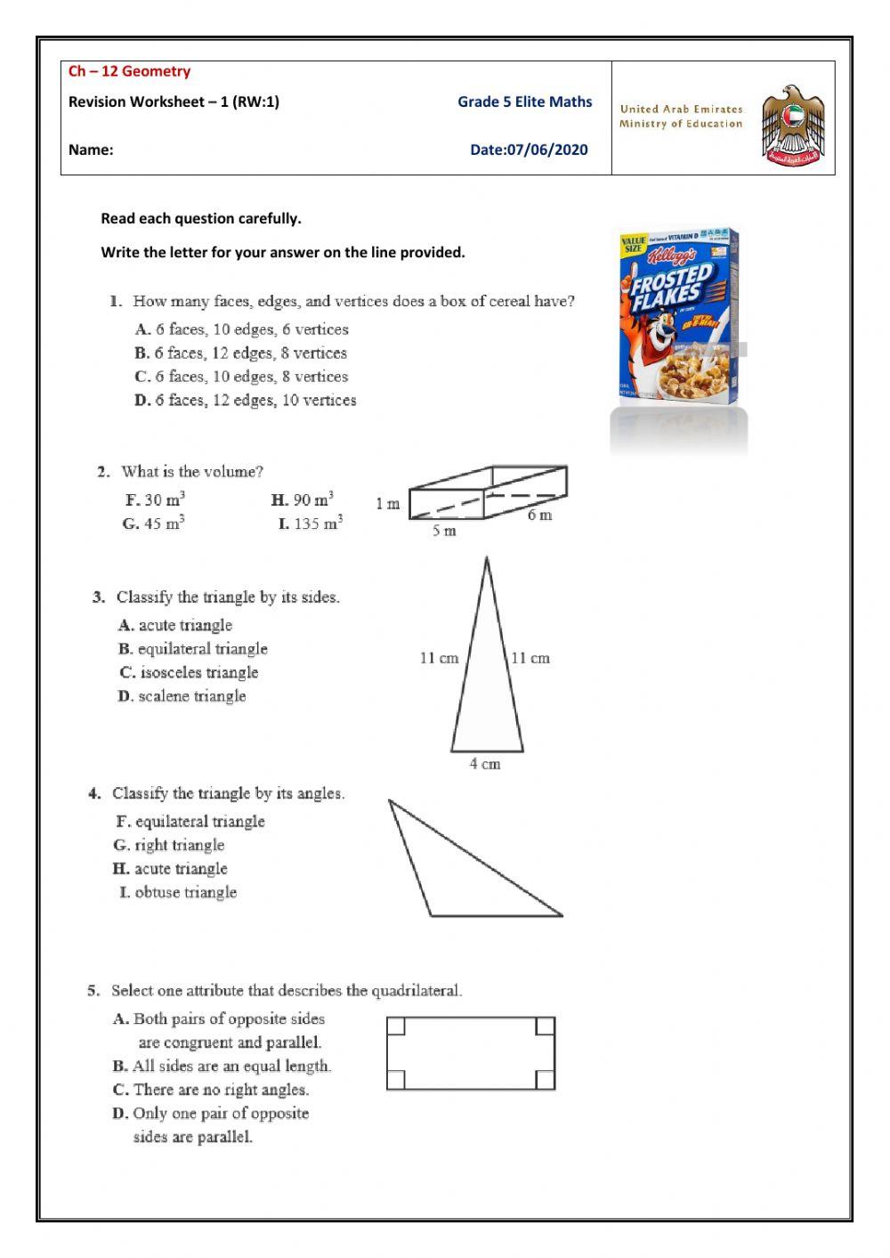 Revision Worksheet - 1 on Ch-12 Geometry
