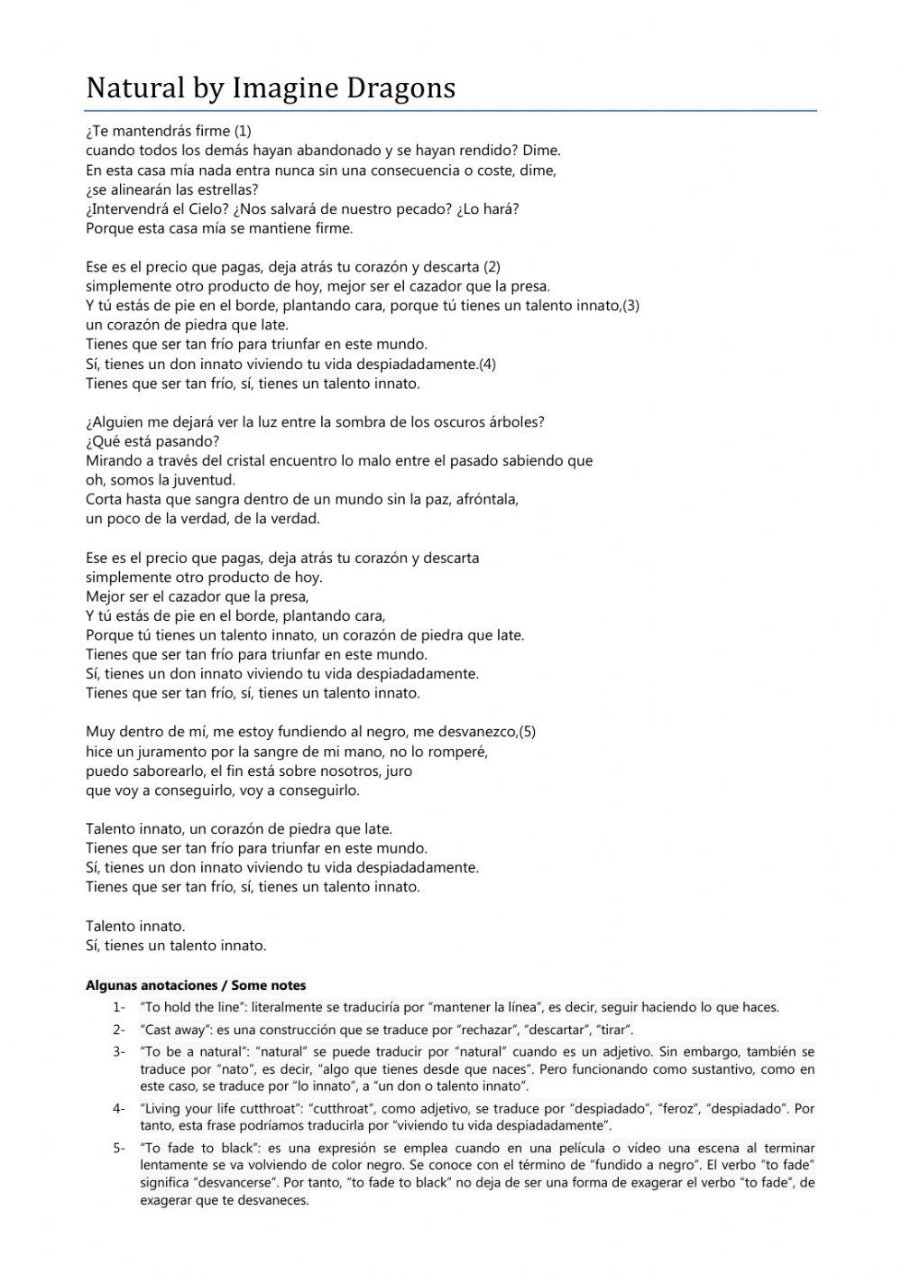 Natural by Imagine Dragons - song & translation Spanish