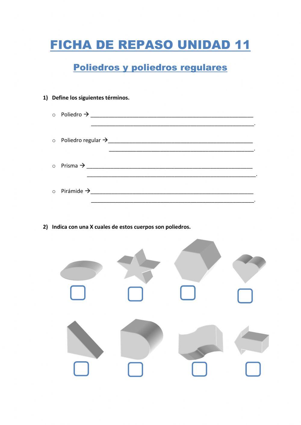Ficha de repaso Unidad 11. Poliedros y poliedros regulares