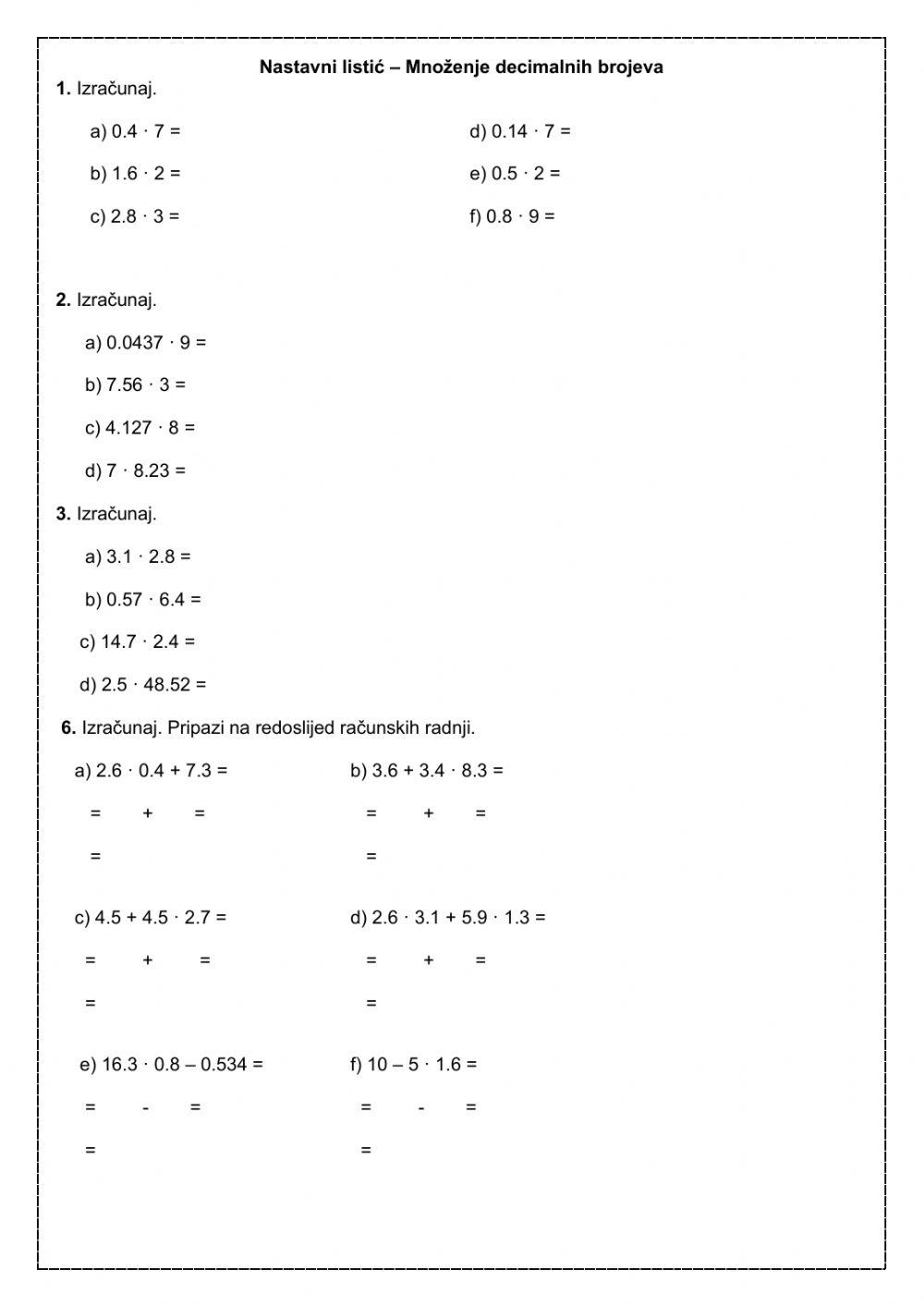 Nastavni listić - Množenje decimalnih brojeva