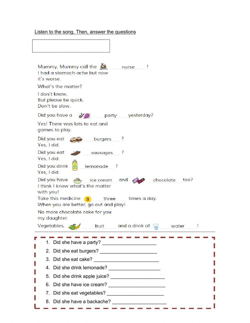 Listen to the song. Then, answer the questions worksheet Live Worksheets