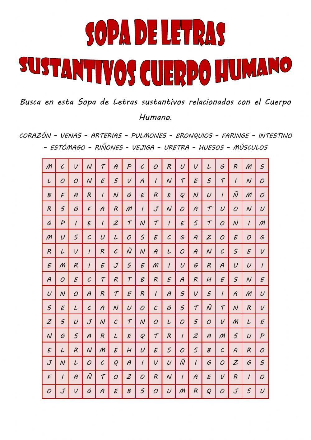 Sopa de Letras de Sustantivos del Cuerpo Humano Sopa de Letras de Sustantivos del Cuerpo Humano