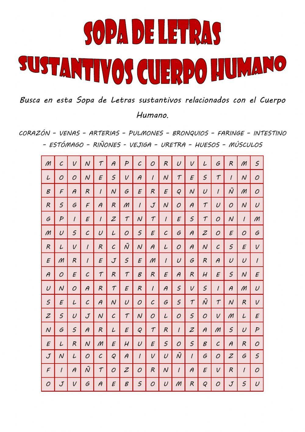 Sopa de Letras de Sustantivos del Cuerpo Humano