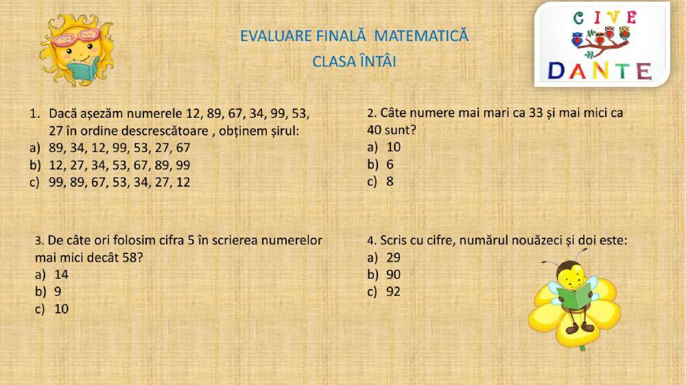 Evaluare finală Matematica clasa întâi