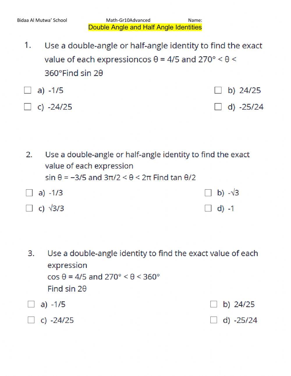 Double Angle and Half Angle Identities