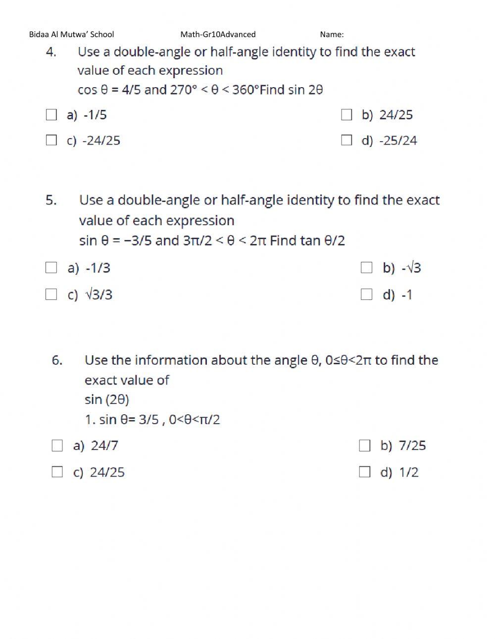 Double Angle and Half Angle Identities worksheet | Live Worksheets double-angle-and-half-angle-identities-worksheet-live-worksheets