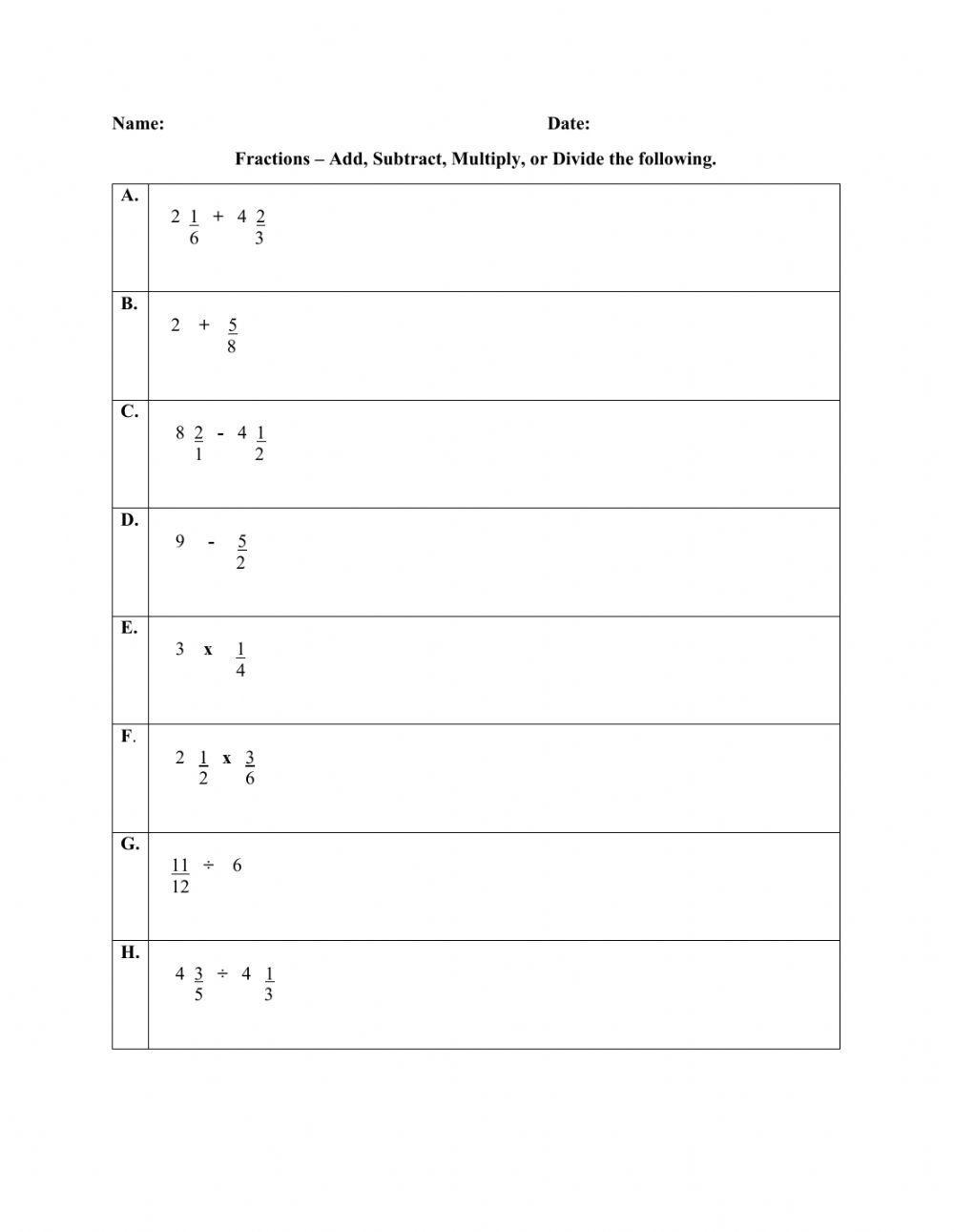 Fractions (Add, Subtract, Multiply, Divide) worksheet | Live Worksheets