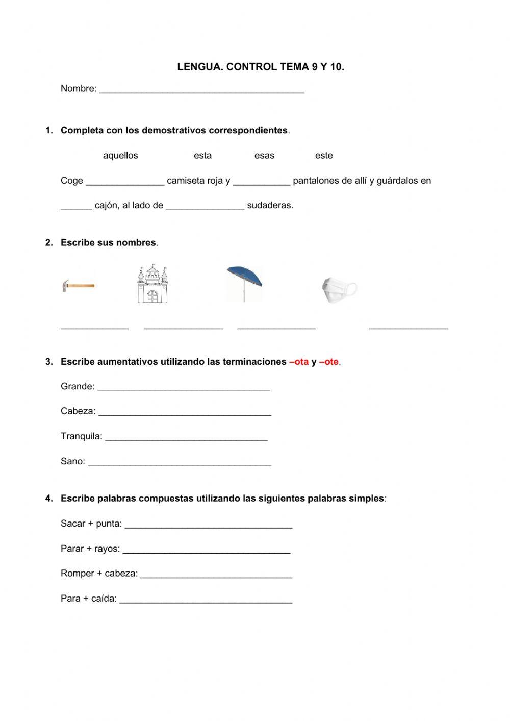 Control Lengua, 2º Primaria. Tema 9 y 10