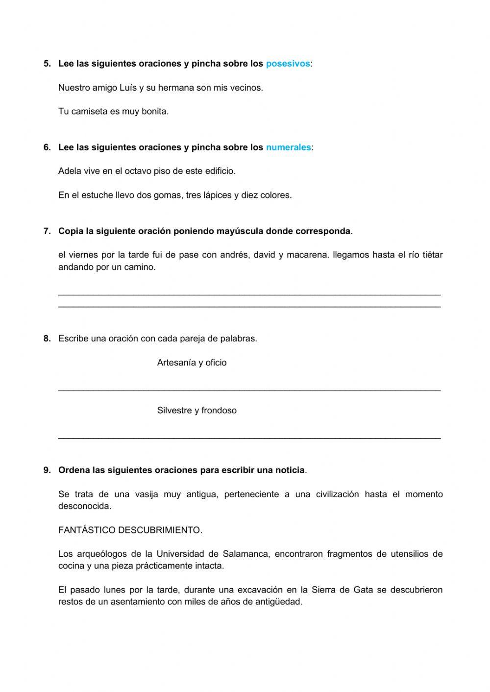 Control Lengua, 2º Primaria. Tema 9 y 10
