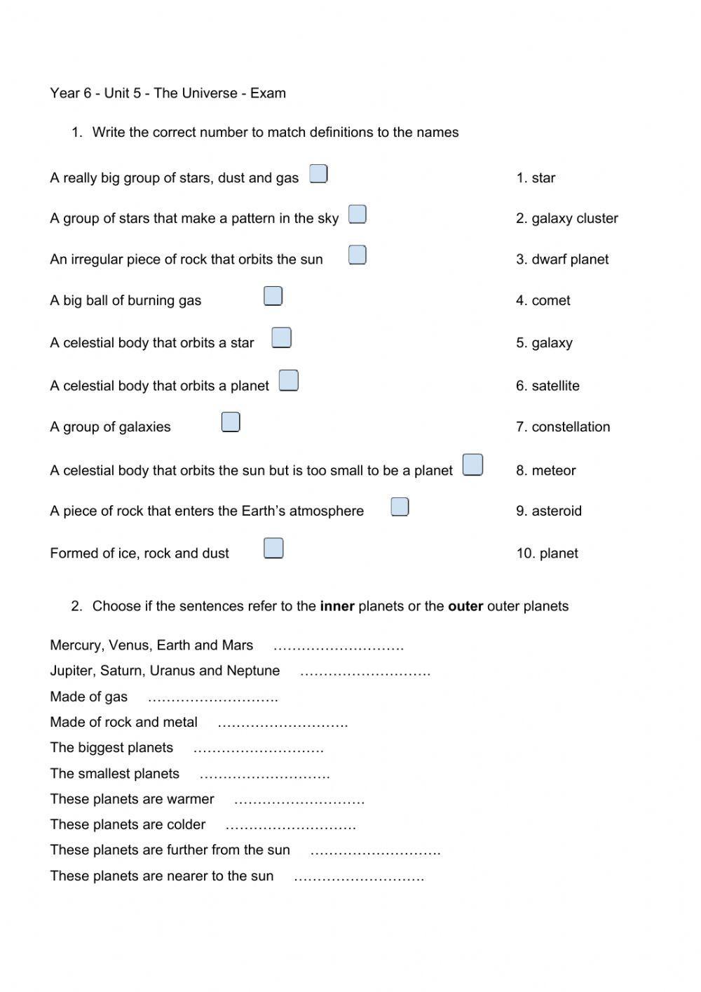 Year 5 social exam unit 5 the universe