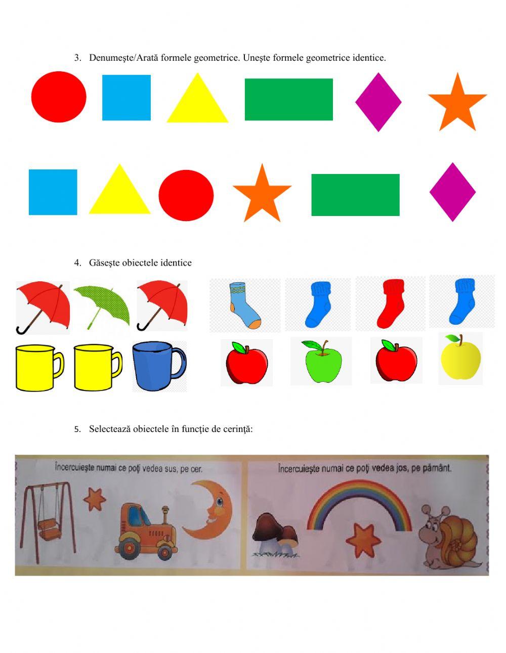 Evaluare culori, forme, obiecte identice, denumire obiecte, litere