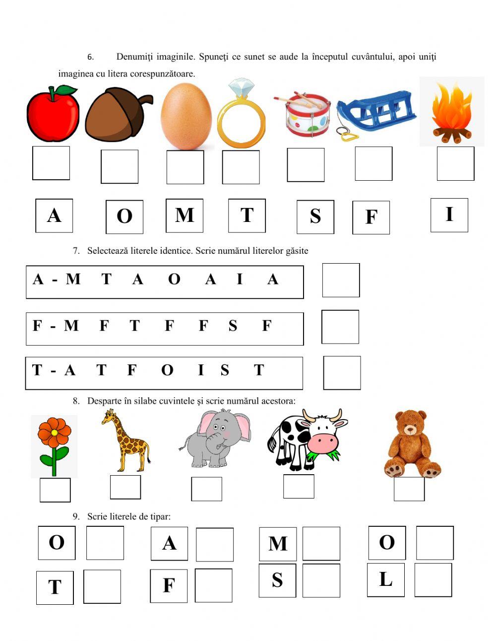 Evaluare culori, forme, obiecte identice, denumire obiecte, litere