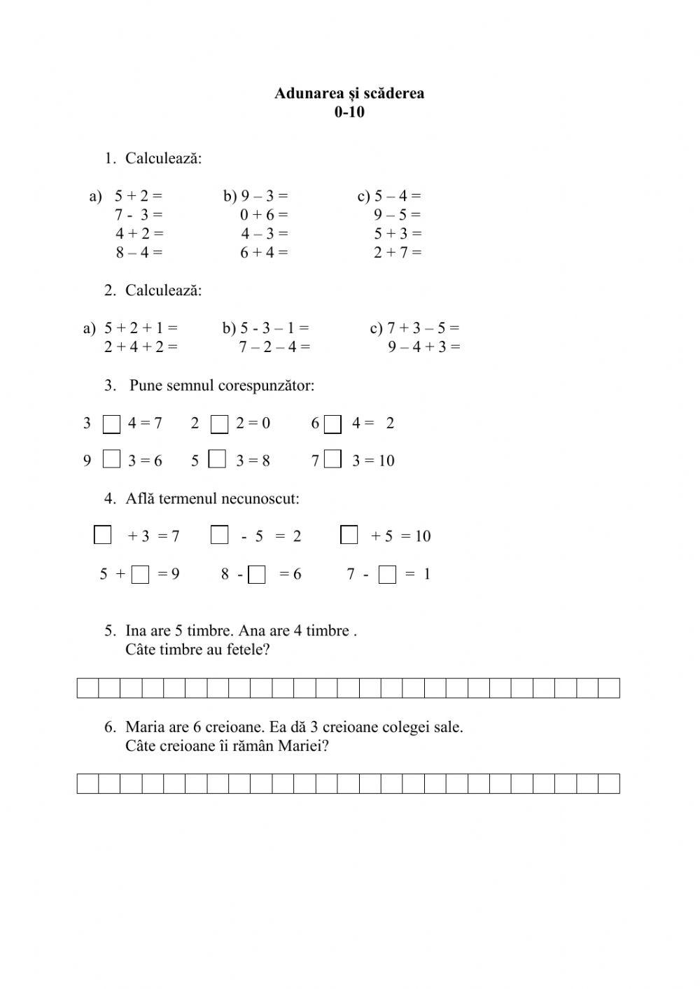 Adunarea și scăderea 0-10