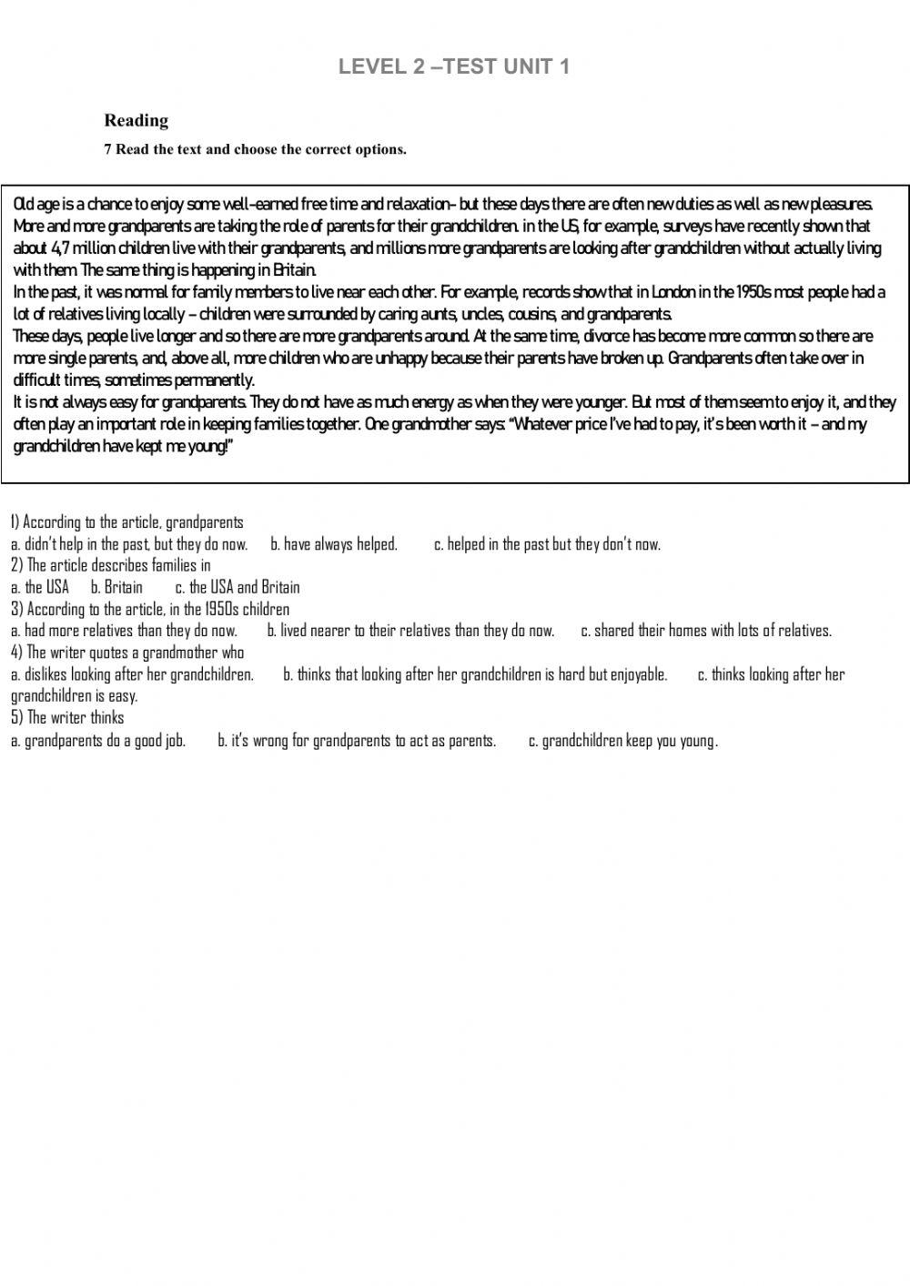 Level 2 - Test Unit 1 worksheet | Live Worksheets