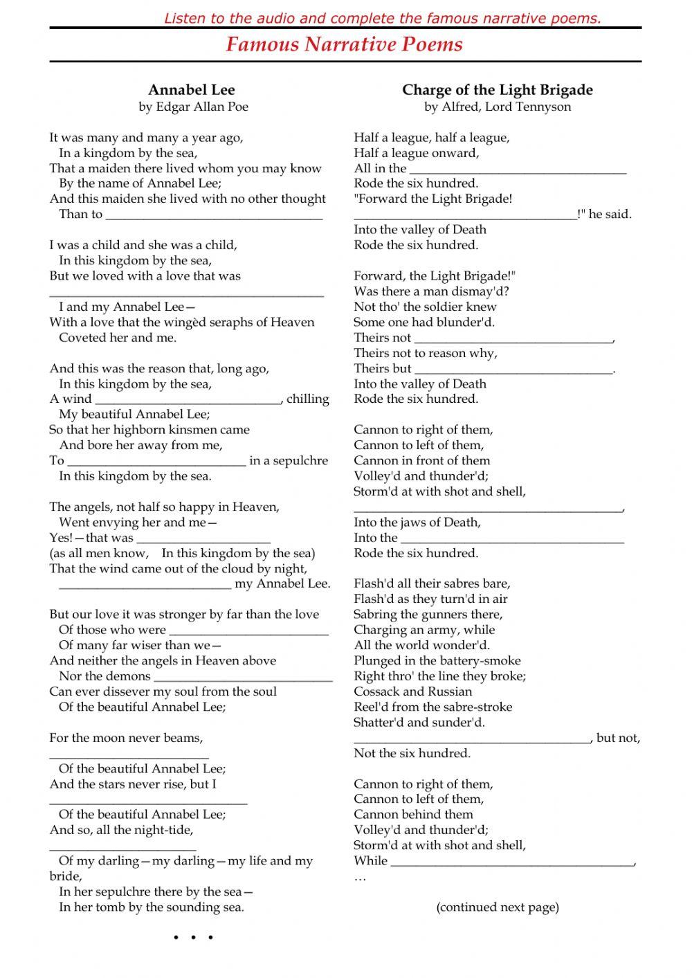 Famous Narrative Poems 263330 Glenn Live Worksheets