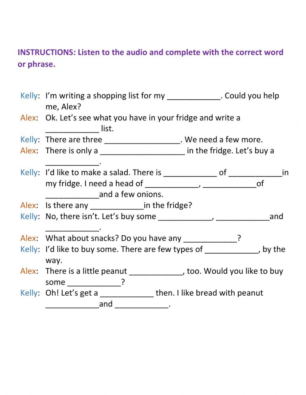 Kelly's shopping list