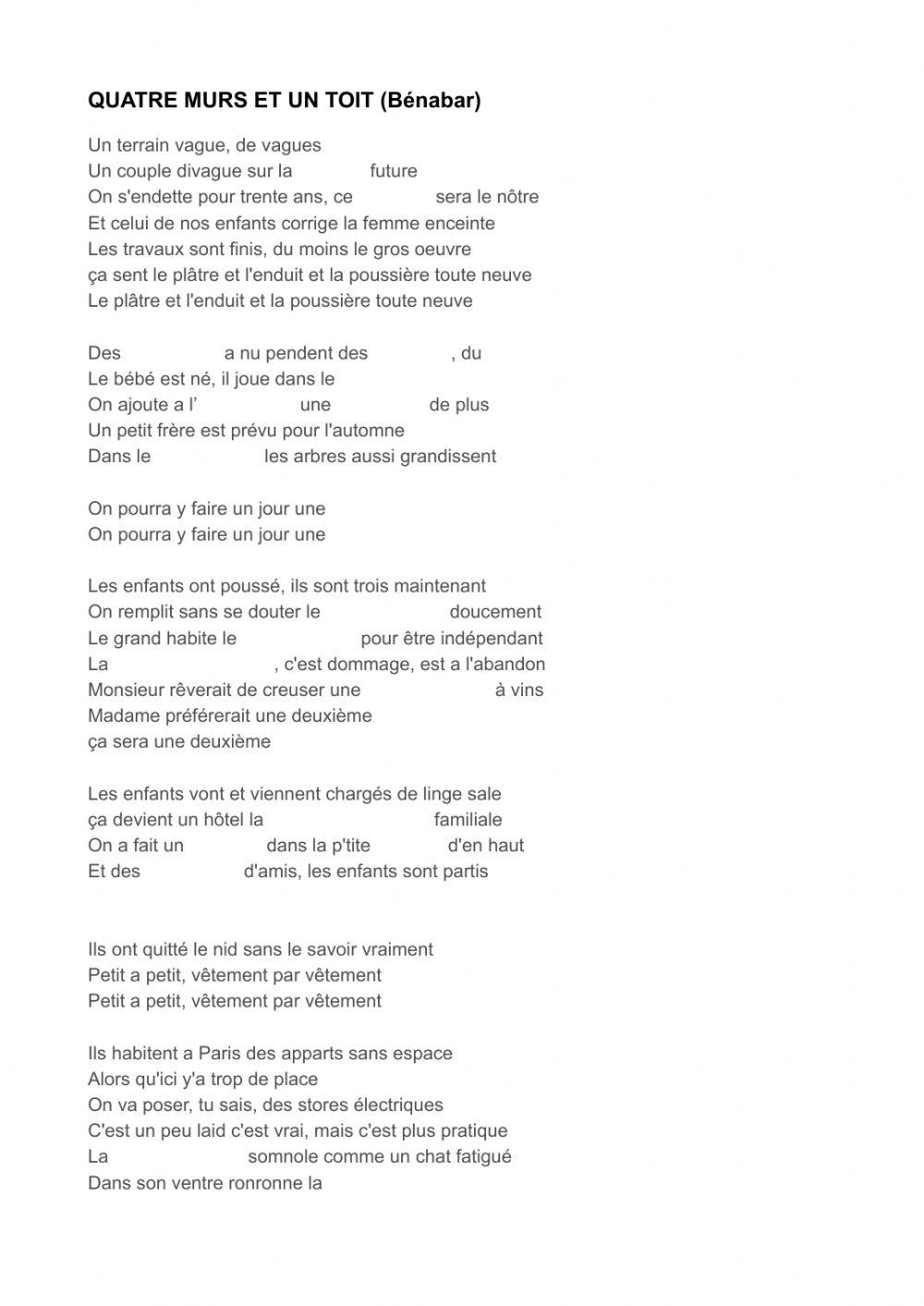 Quatre murs et un toit (Bénabar) - Vocabulaire La Maison.