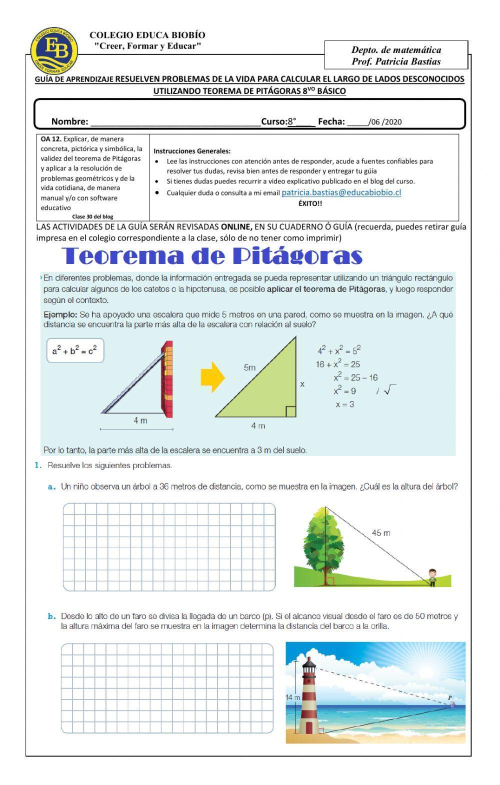 CLASE 30 Resolver problemas de la vida para calcular el largo de lados desconocidos utilizando teorema de Pitágoras