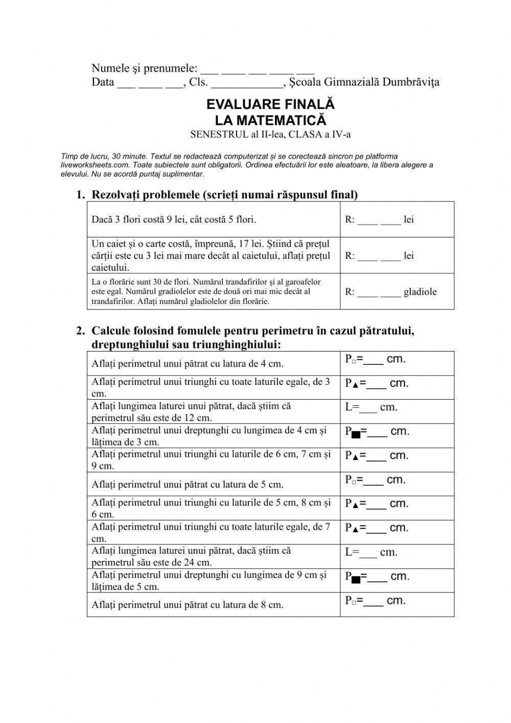 Evaluare finala semestriala Matematică, cls IV, semestrul al II-lea