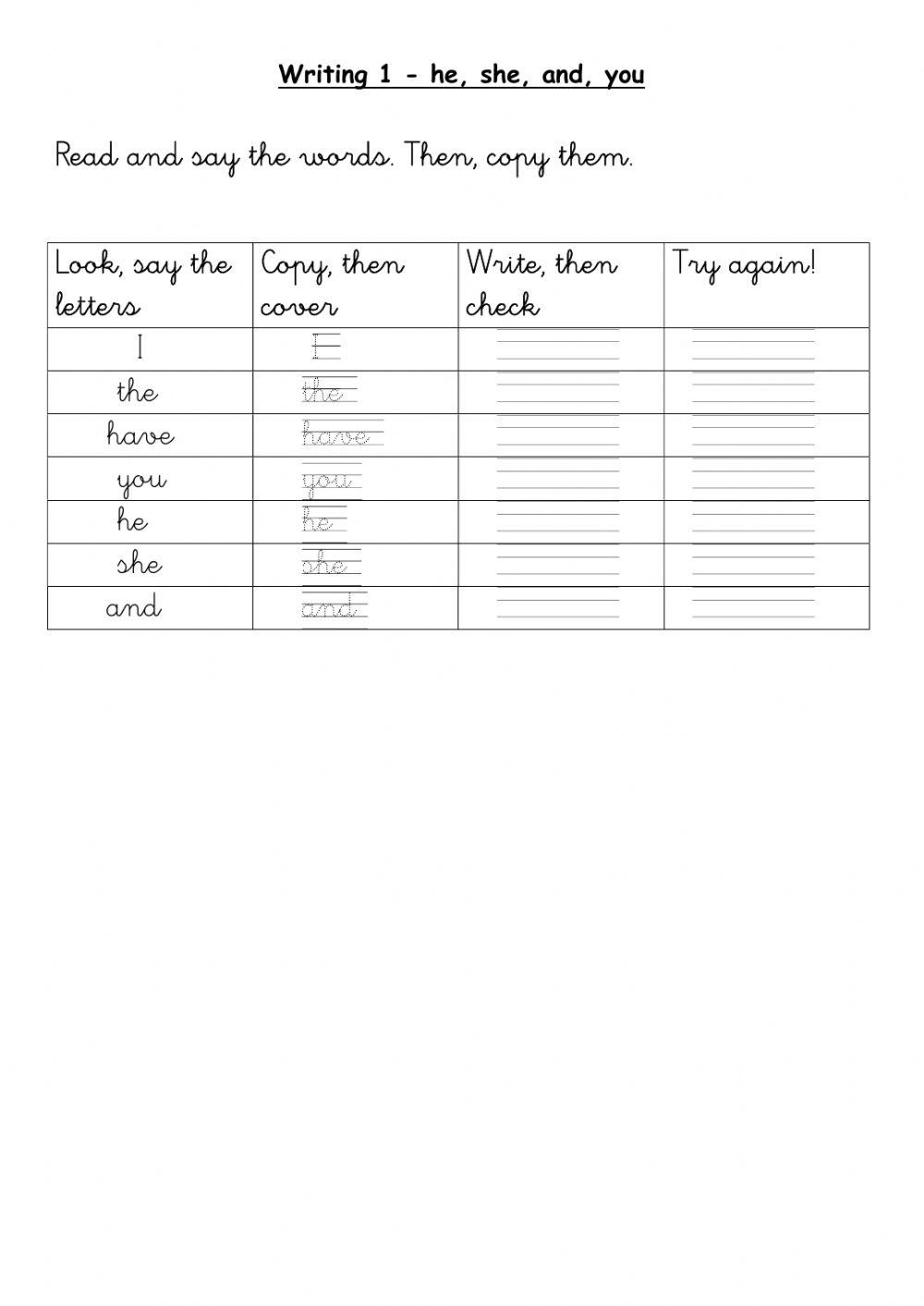 Writing 1 he she and you worksheet live worksheets