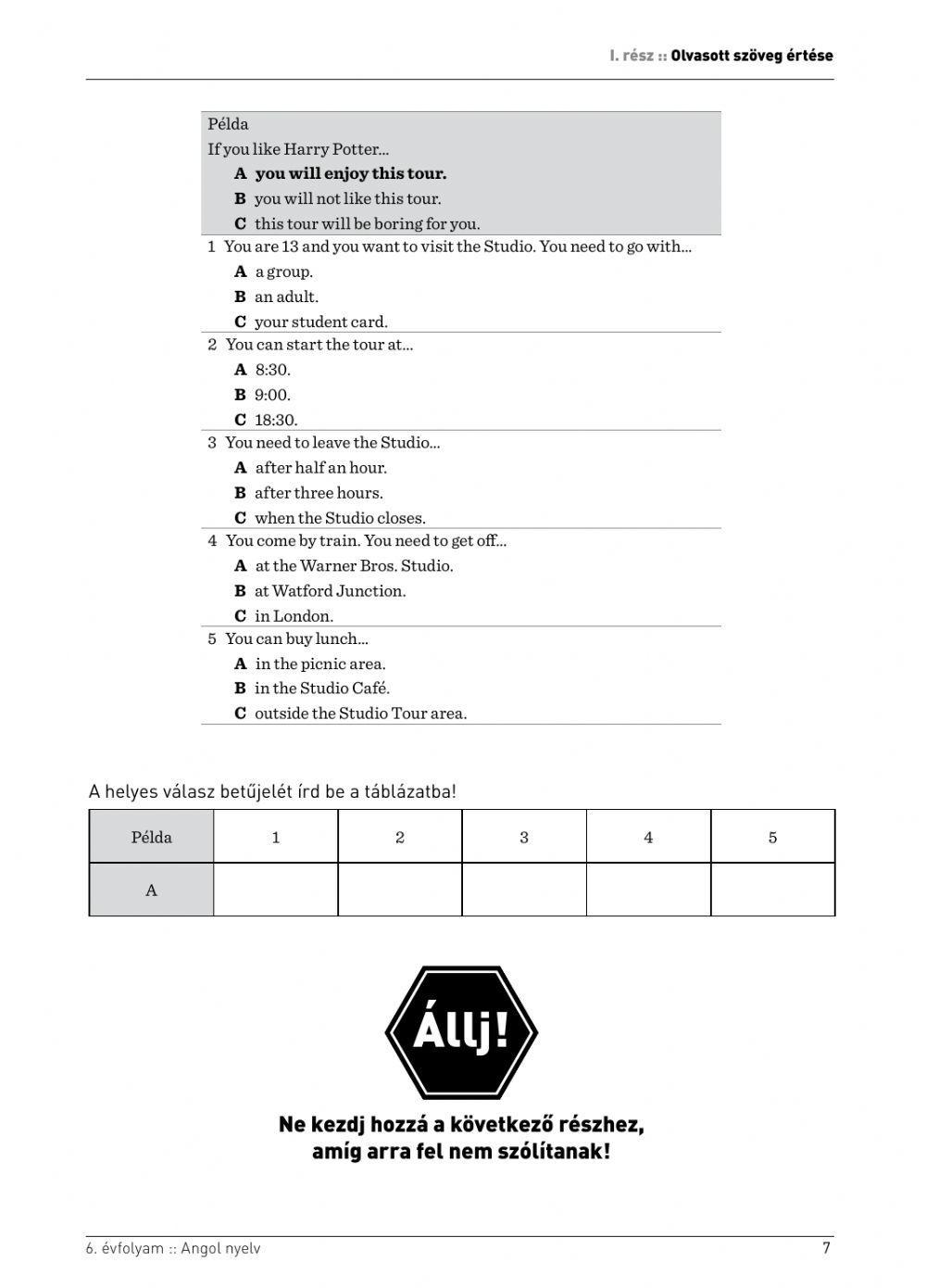 Angol Kompetencia teszt 6. osztály 2019