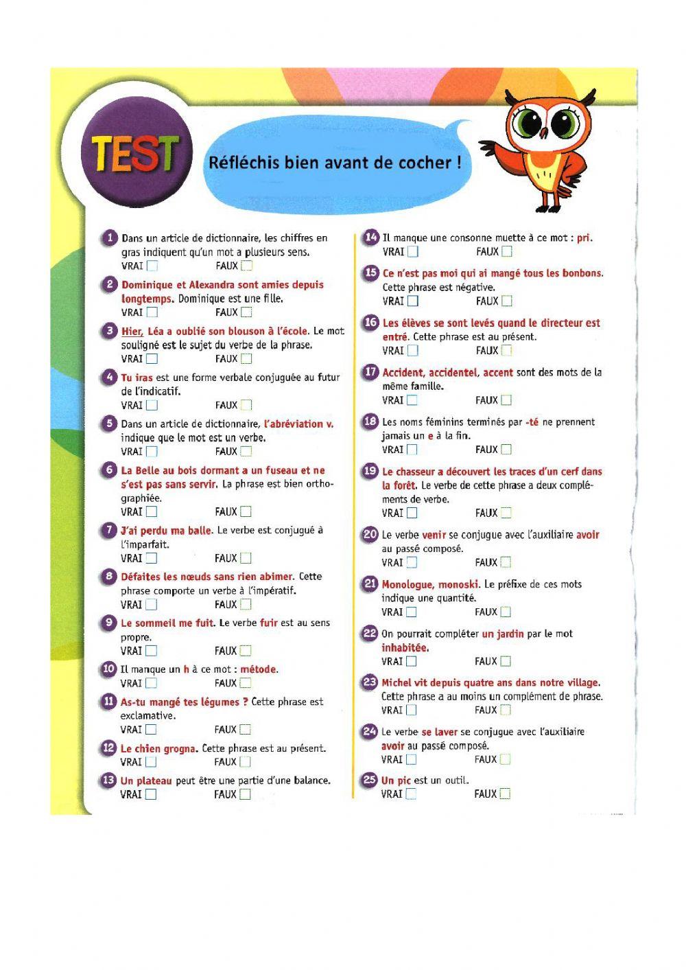 Mots De La Même Famille Que Forêt FRANCAIS CHOUETTE vrai ou faux online exercise for | Live Worksheets