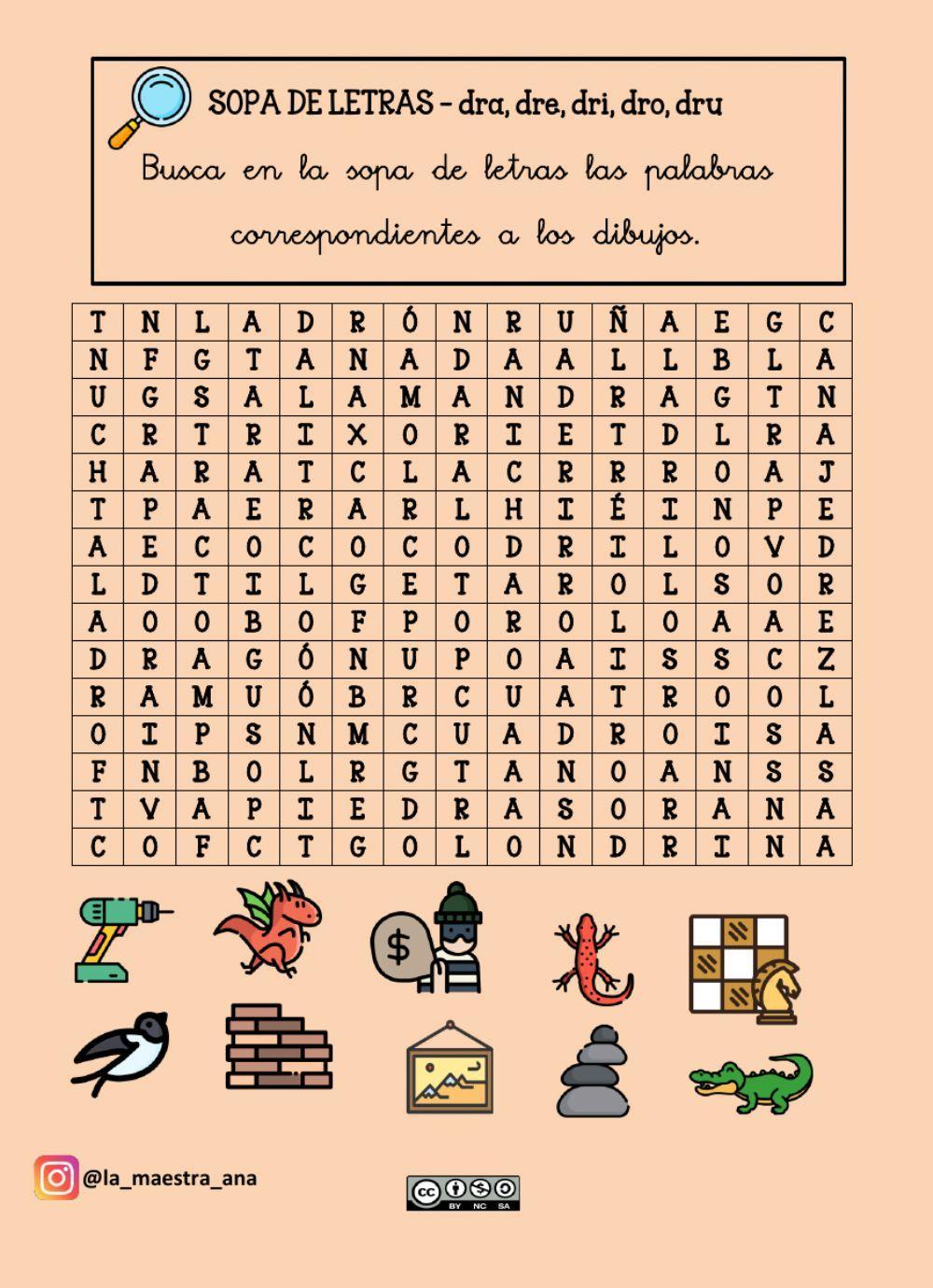 Sopa de letras dra, dre, dri, dro, dru Sopa de letras dra, dre, dri, dro, dru