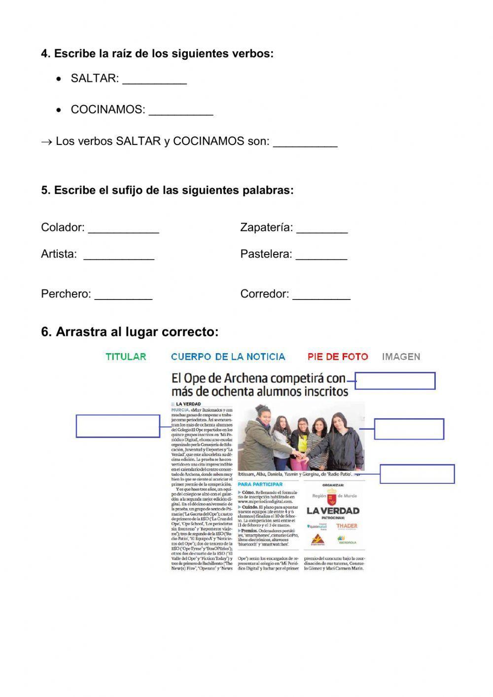 Acentuación, sufijos y partes de una noticia