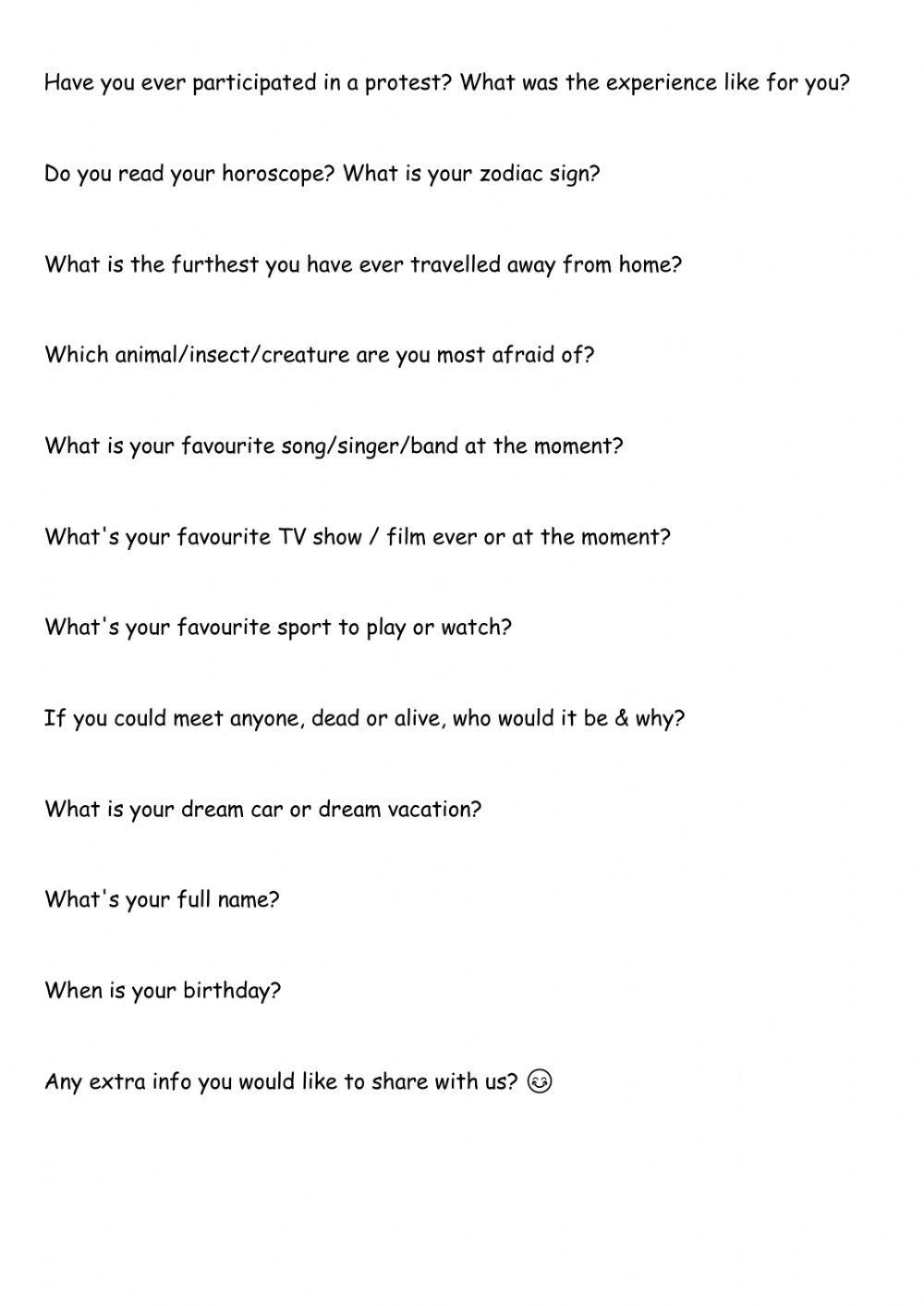 TELL US ABOUT YOURSELF QUESTIONNAIRE