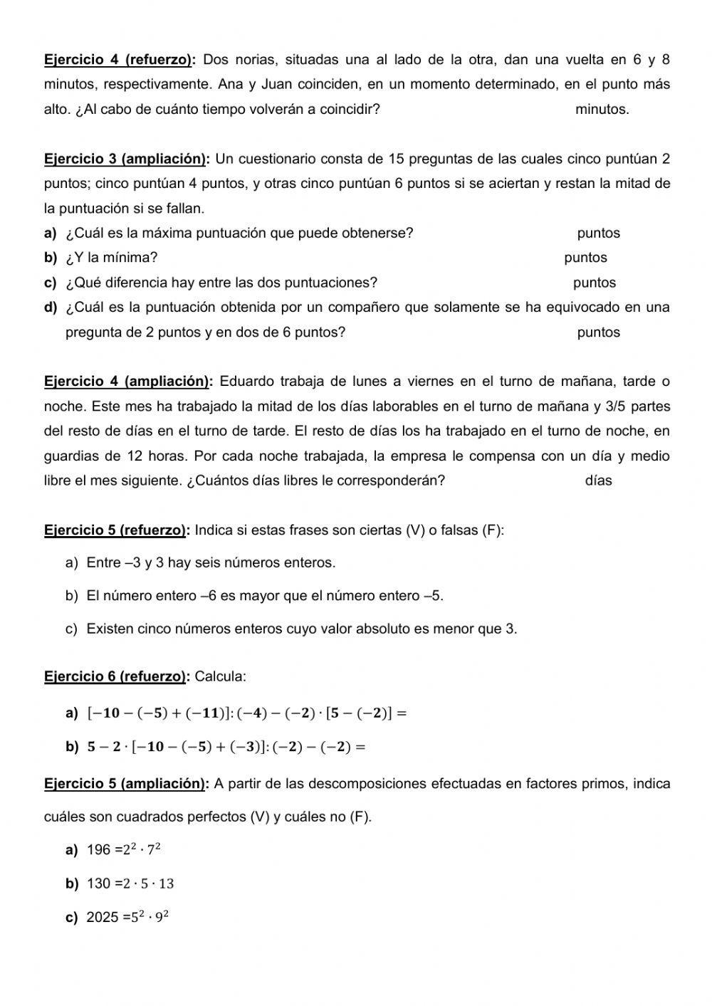 Ejercicios de repaso mates 1º ESO
