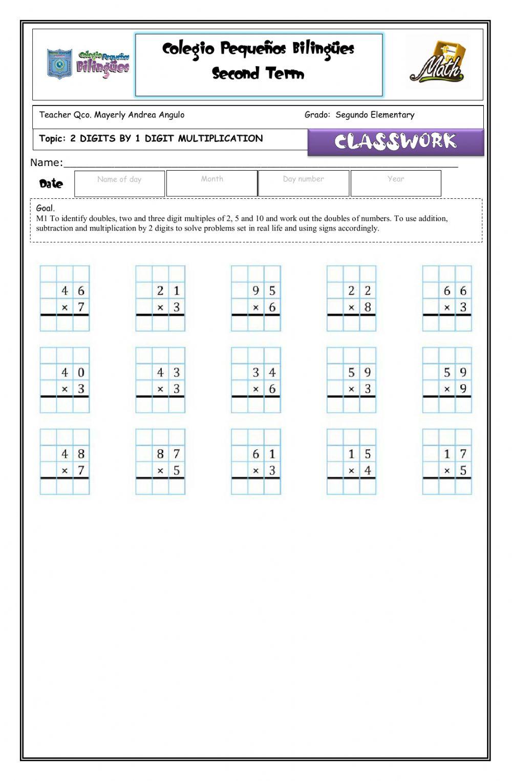 Classwork- multiplication 2 digits by 1 digit-second grade-colpebi