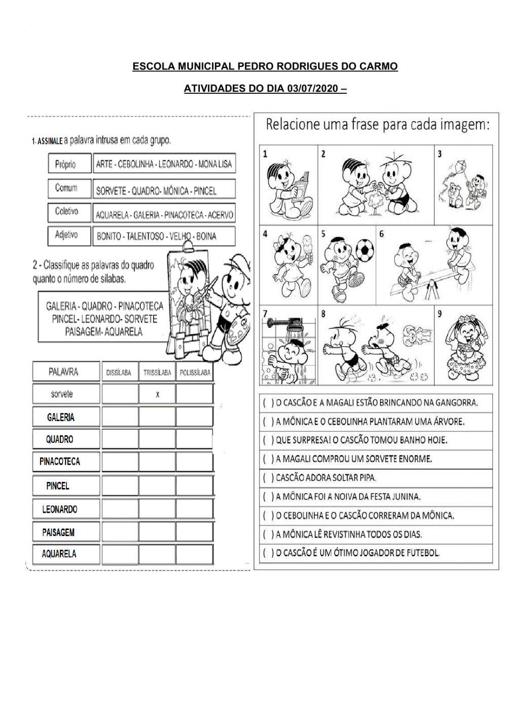 Atividades de portugues e matemática 03-07