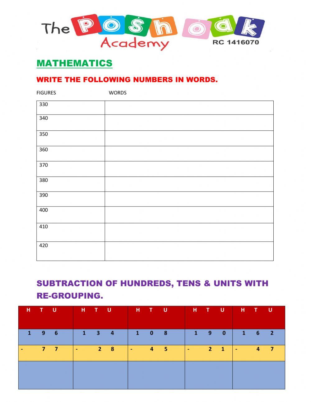 Numbers in words & Subtraction