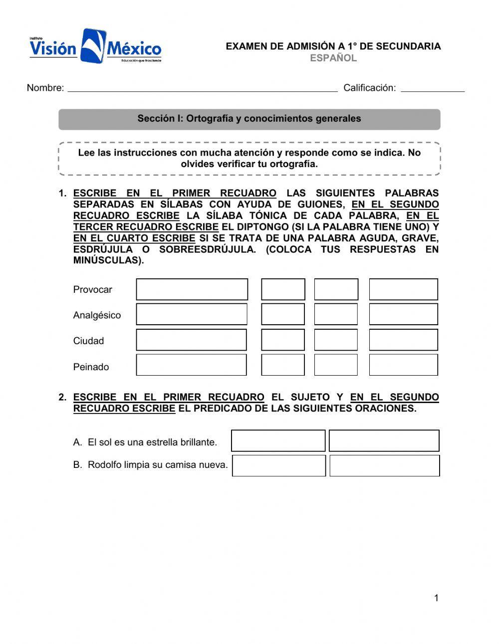 Examen en línea, Español 1