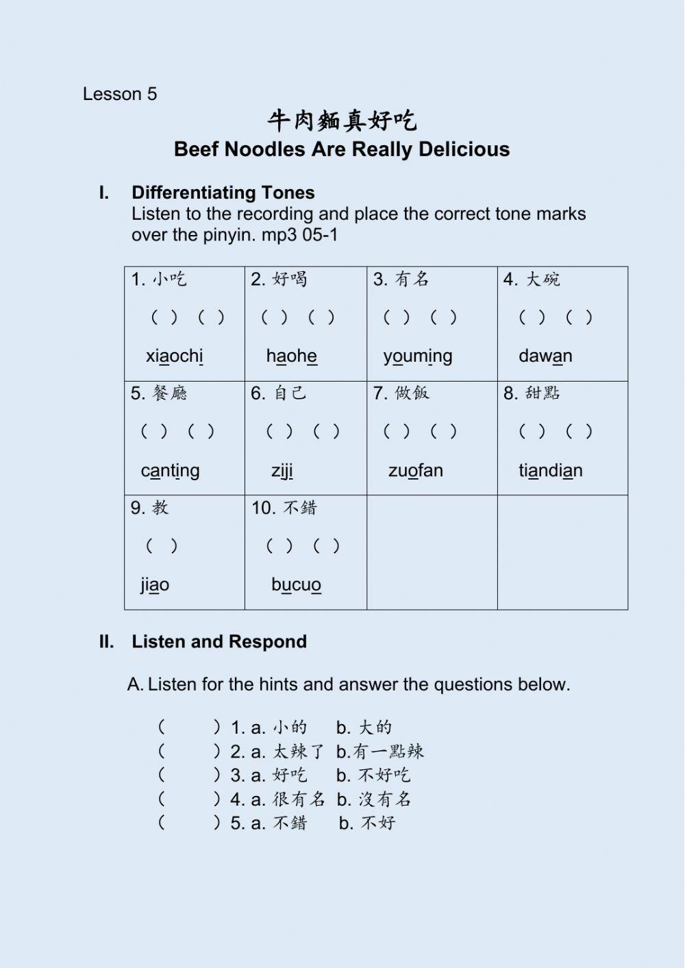 Traditional Mandarin Workbook 1 Unit 5