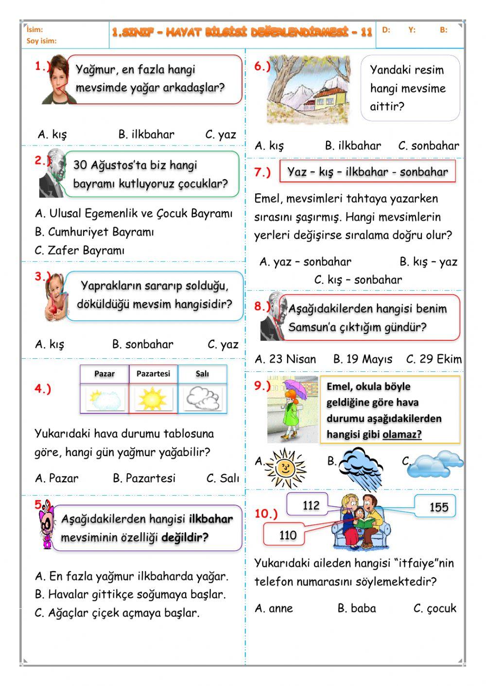 Hayat bilgisi dönem değerlendirmesi 3