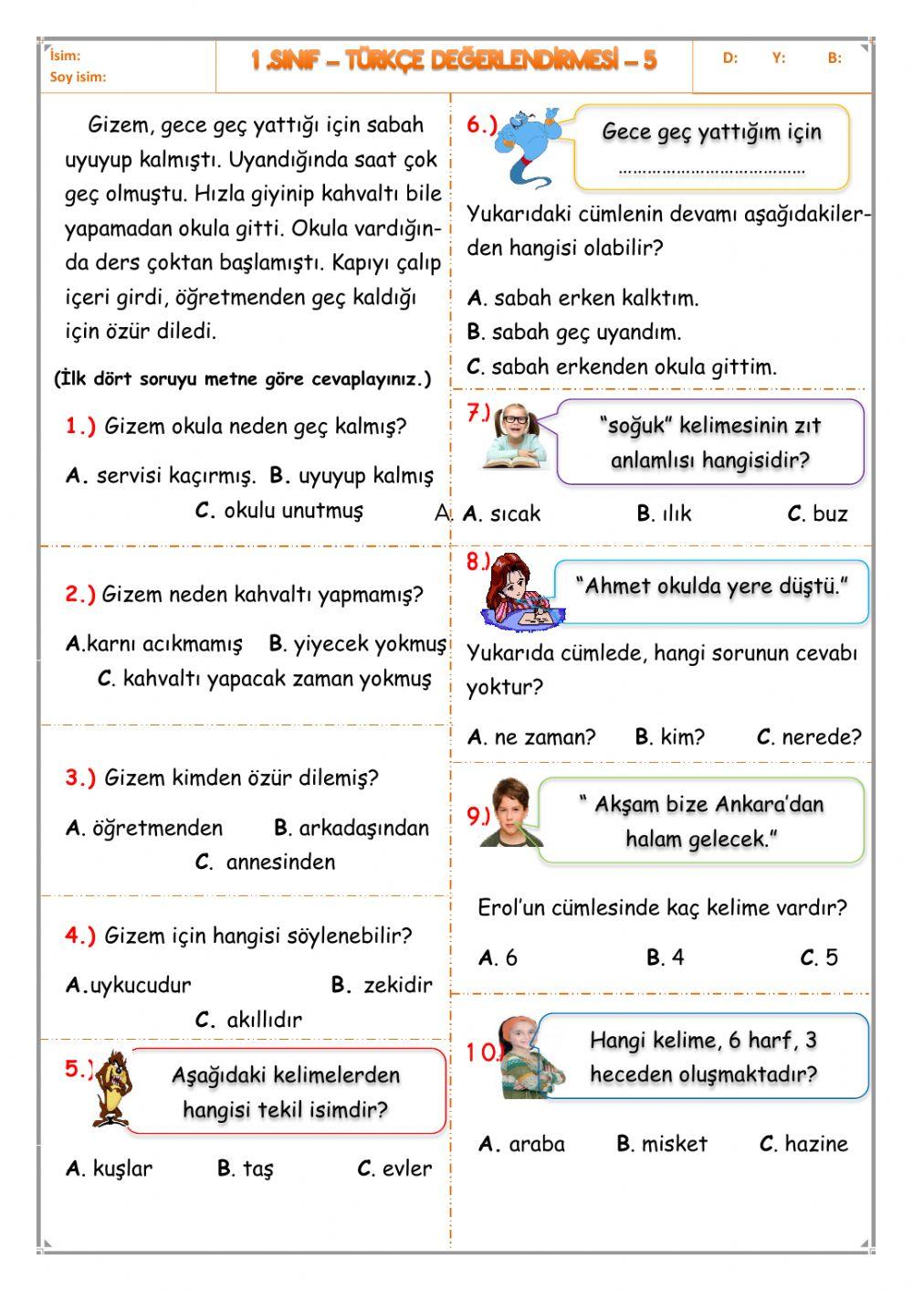 Türkçe dönem değerlendirmesi 3