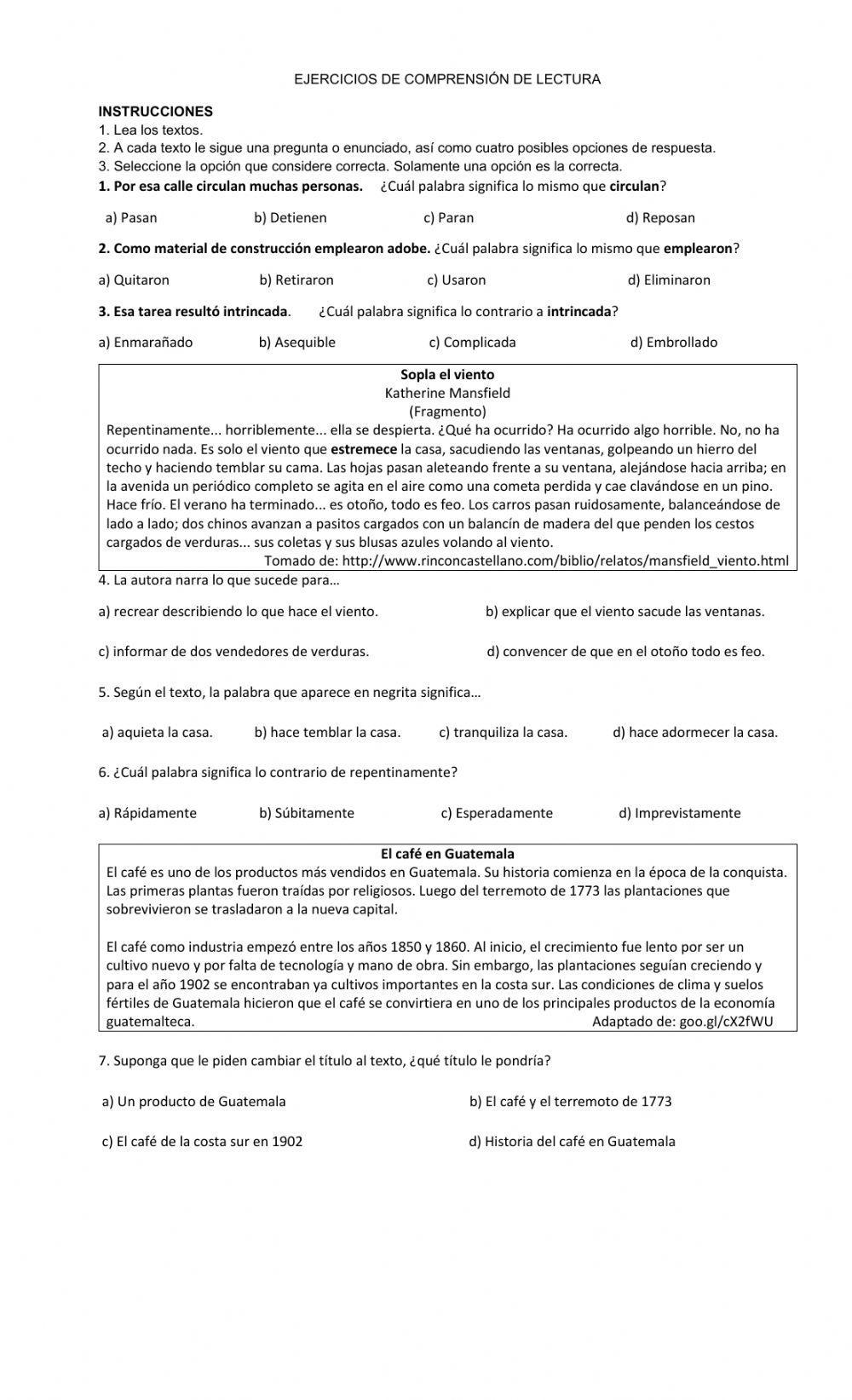 Ejercicios de comprensión de lectura