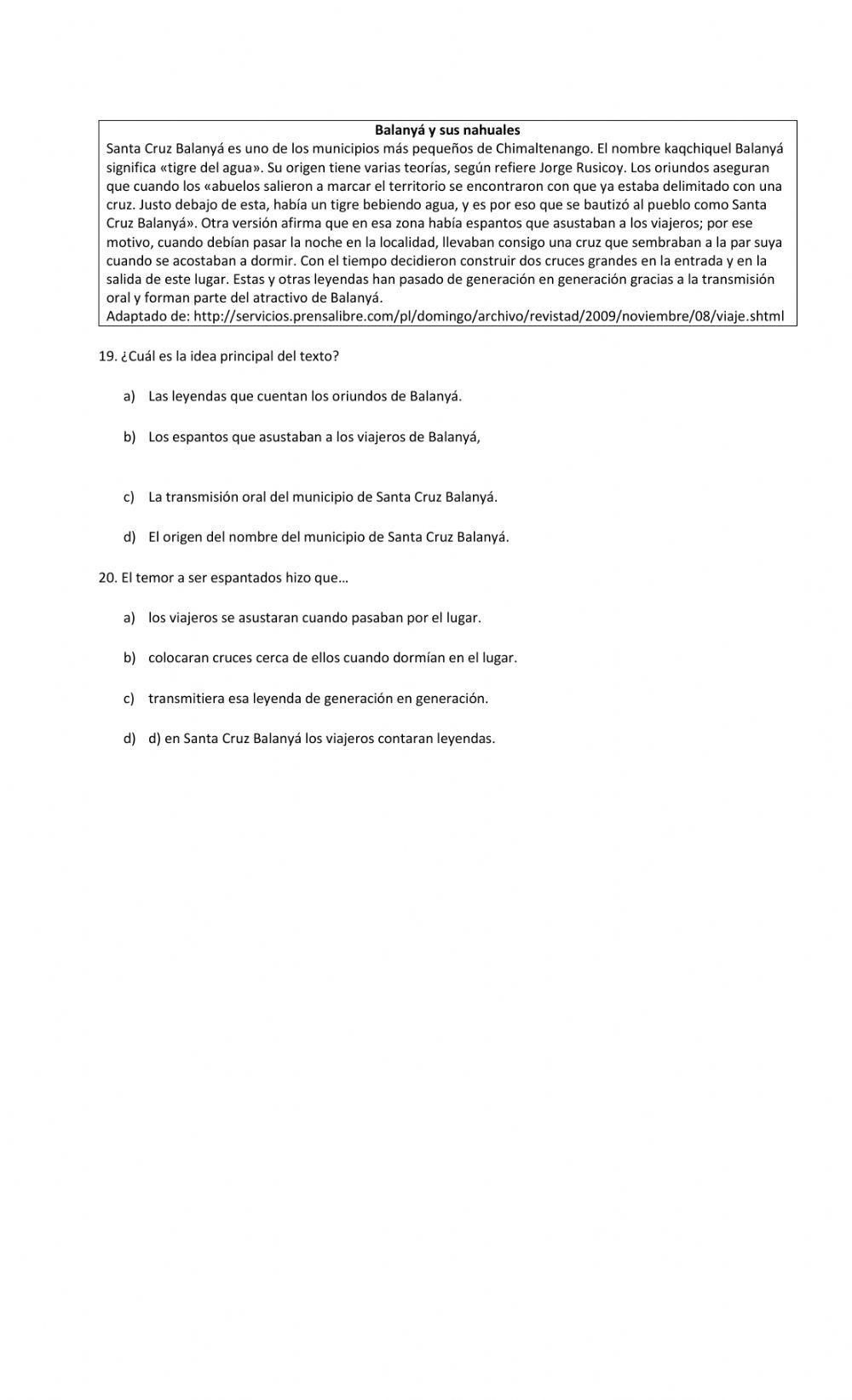 Ejercicios de comprensión de lectura