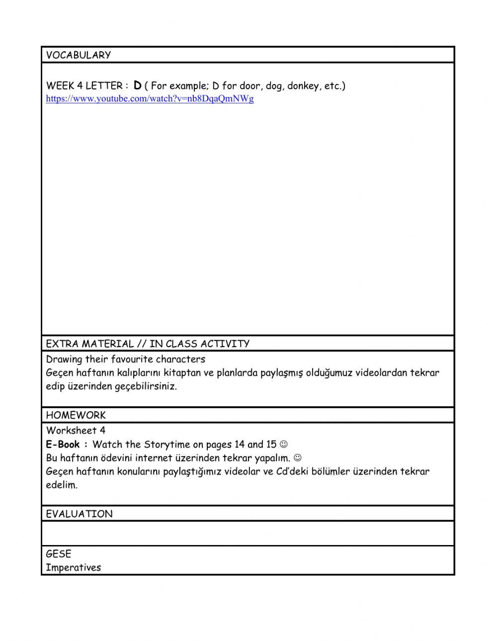 Weekly Plan for Prep (Week 4)