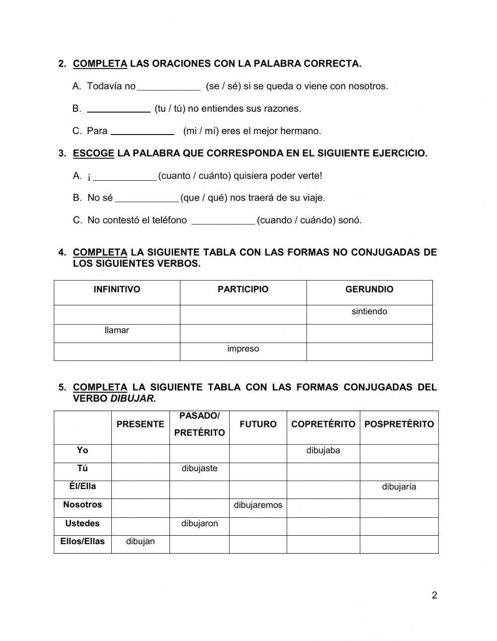 Examen en línea, Español 2